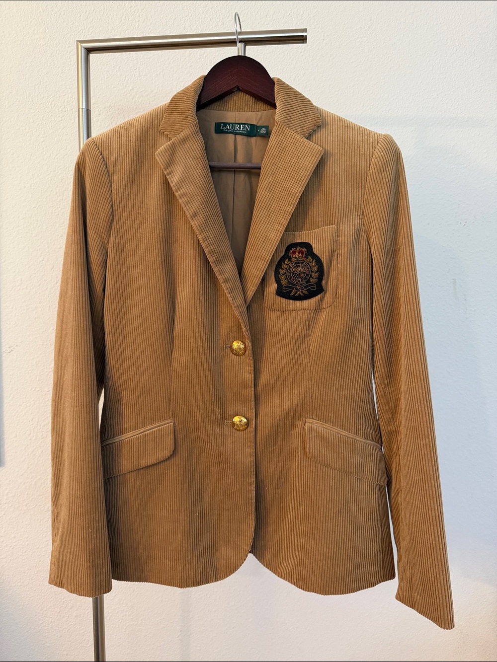 Lauren Ralph Lauren Camel Corduroy Blazer with Crest Patch - Size 4